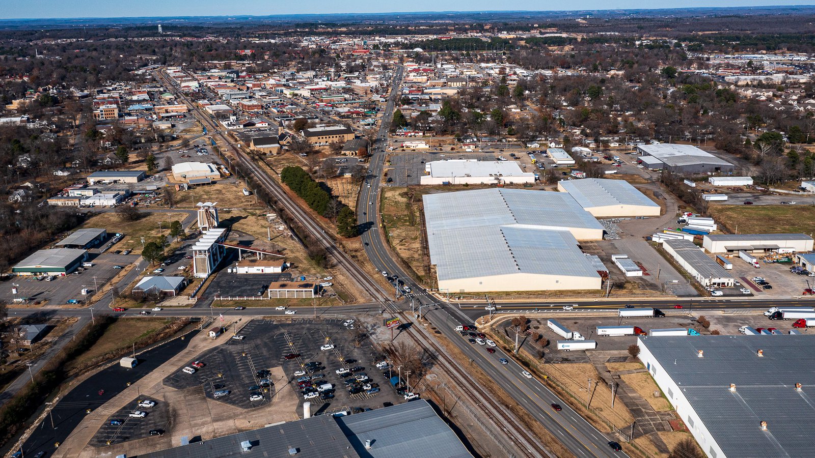 Drone photo of Harkrider St from Bruce St to Oak St in Conway